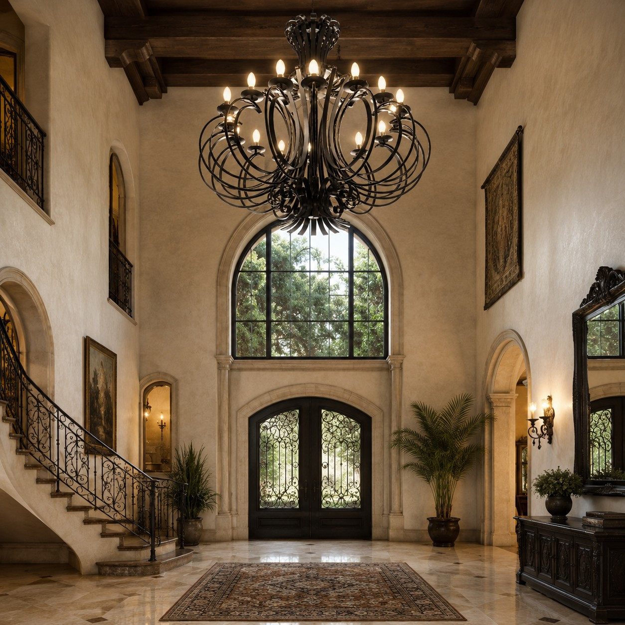 Sculptural iron chandelier with layered loop scrollwork in a grand foyer with tall arched window