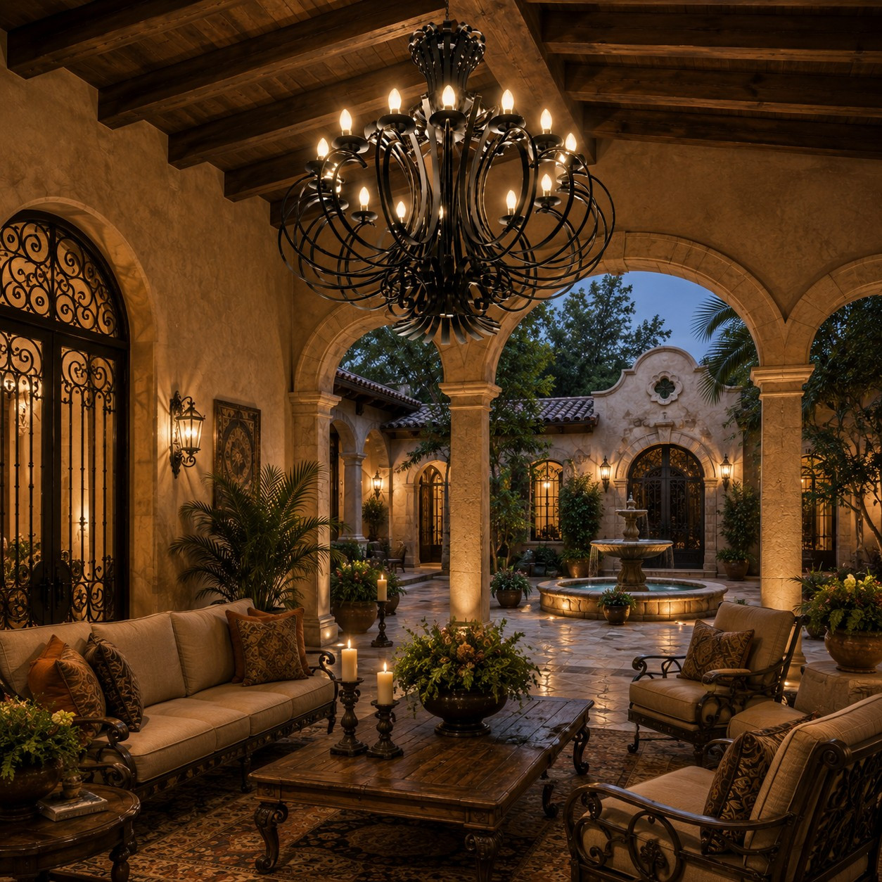 Sculptural iron chandelier with layered loop scrollwork in a covered luxury hacienda courtyard