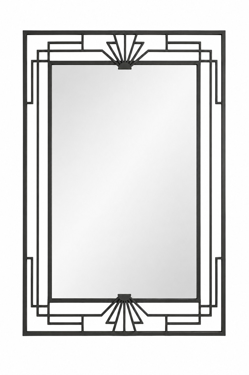 Art Deco Iron Mirror with Stepped Geometric Frame isolated on white background with black iron finish
