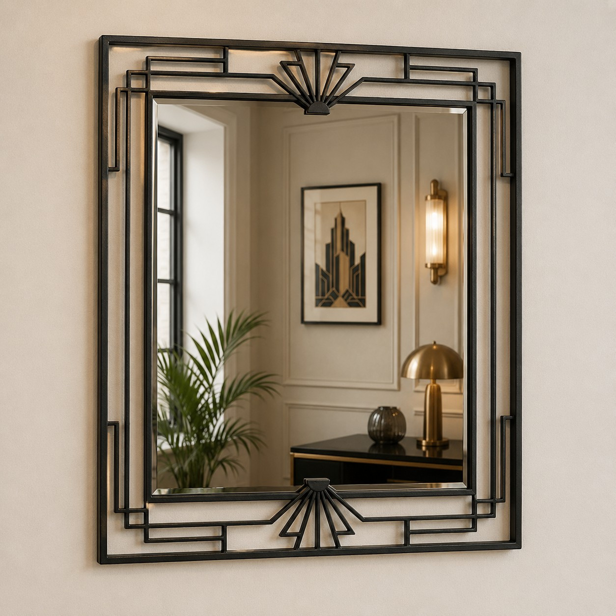 Art Deco Iron Mirror with Stepped Geometric Frame installed as a statement wall mirror in New York style executive office space