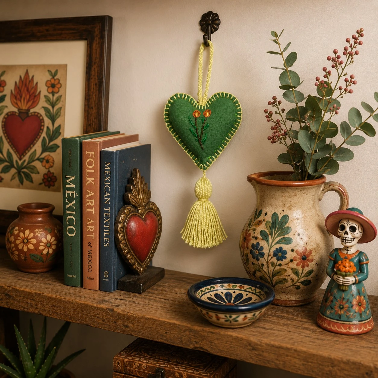 Handmade Sage Green Mexican Heart Ornament with Floral Embroidery displayed on rustic shelf with Mexican folk art decor
