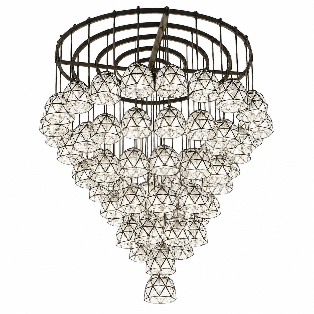 Luxury multi-tier metal lantern chandelier with pierced spheres and star pendants suspended from circular steel rings with lamps off on white background