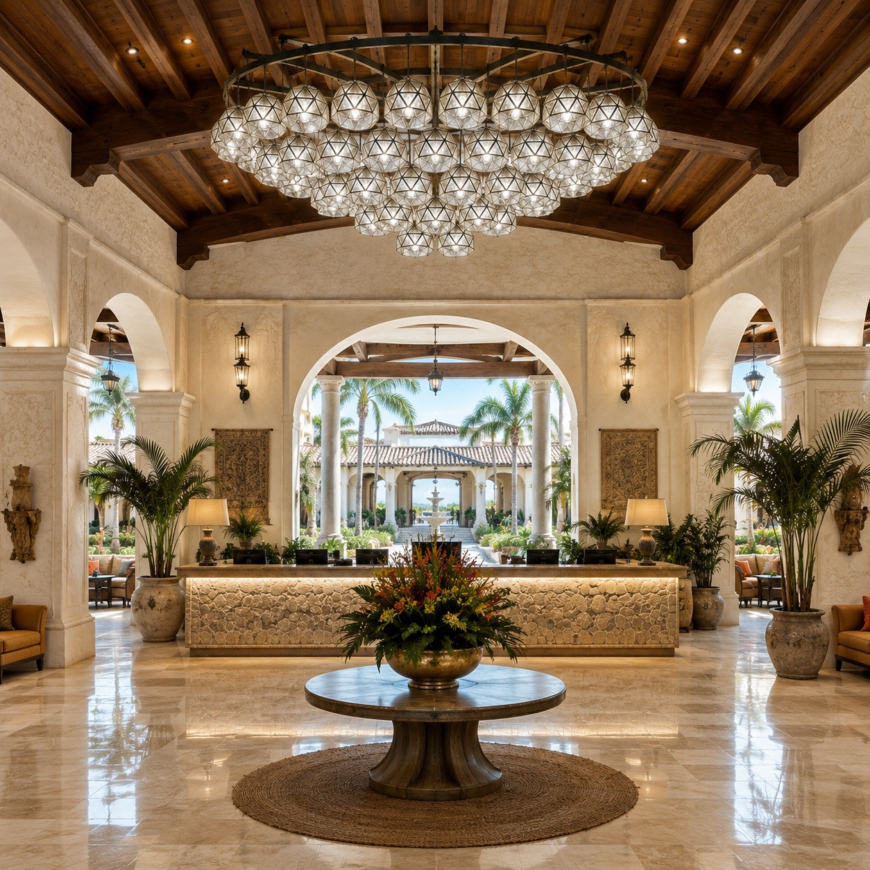 Luxury multi-tier metal lantern chandelier above a resort reception desk with Mediterranean architectural details