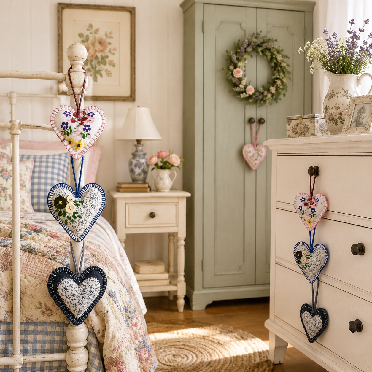 Artisan Cottage Heart Decorations displayed on bedposts wardrobe handles and cottage bedroom furniture