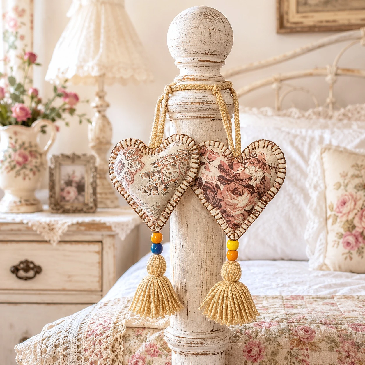 Paisley and rose fabric heart decorations with tassels displayed on whitewashed bedpost in shabby chic bedroom