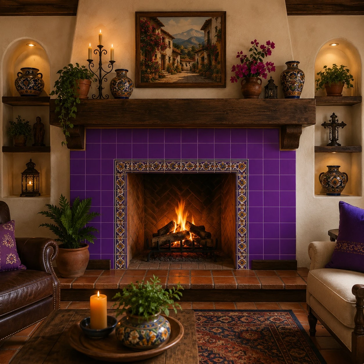 Mexican talavera tiles in washed purple for artistic walls surrounding a Spanish fireplace with warm architectural details