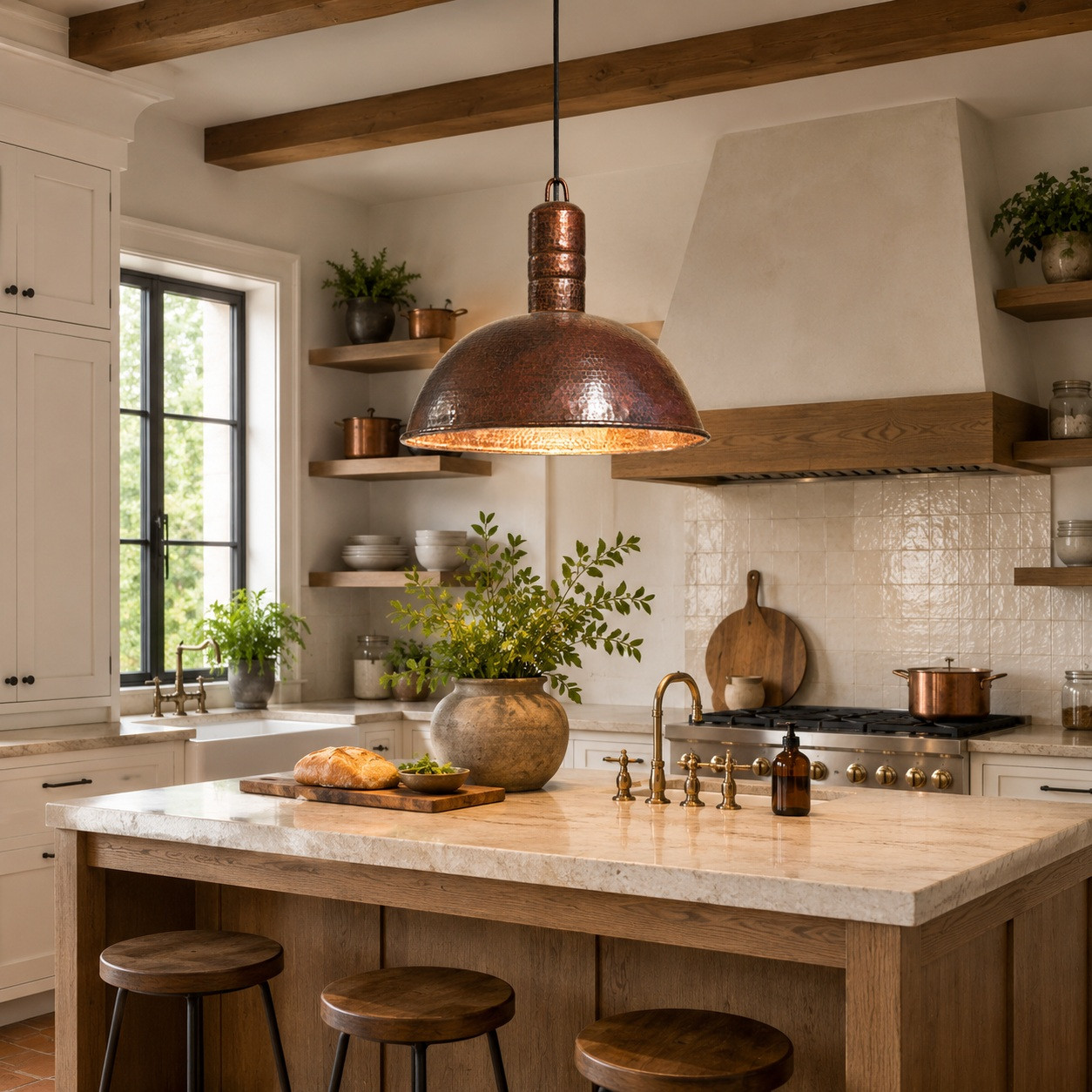Hand-hammered copper dome pendant lamp above a bright farmhouse kitchen island with wood cabinetry and stone countertop