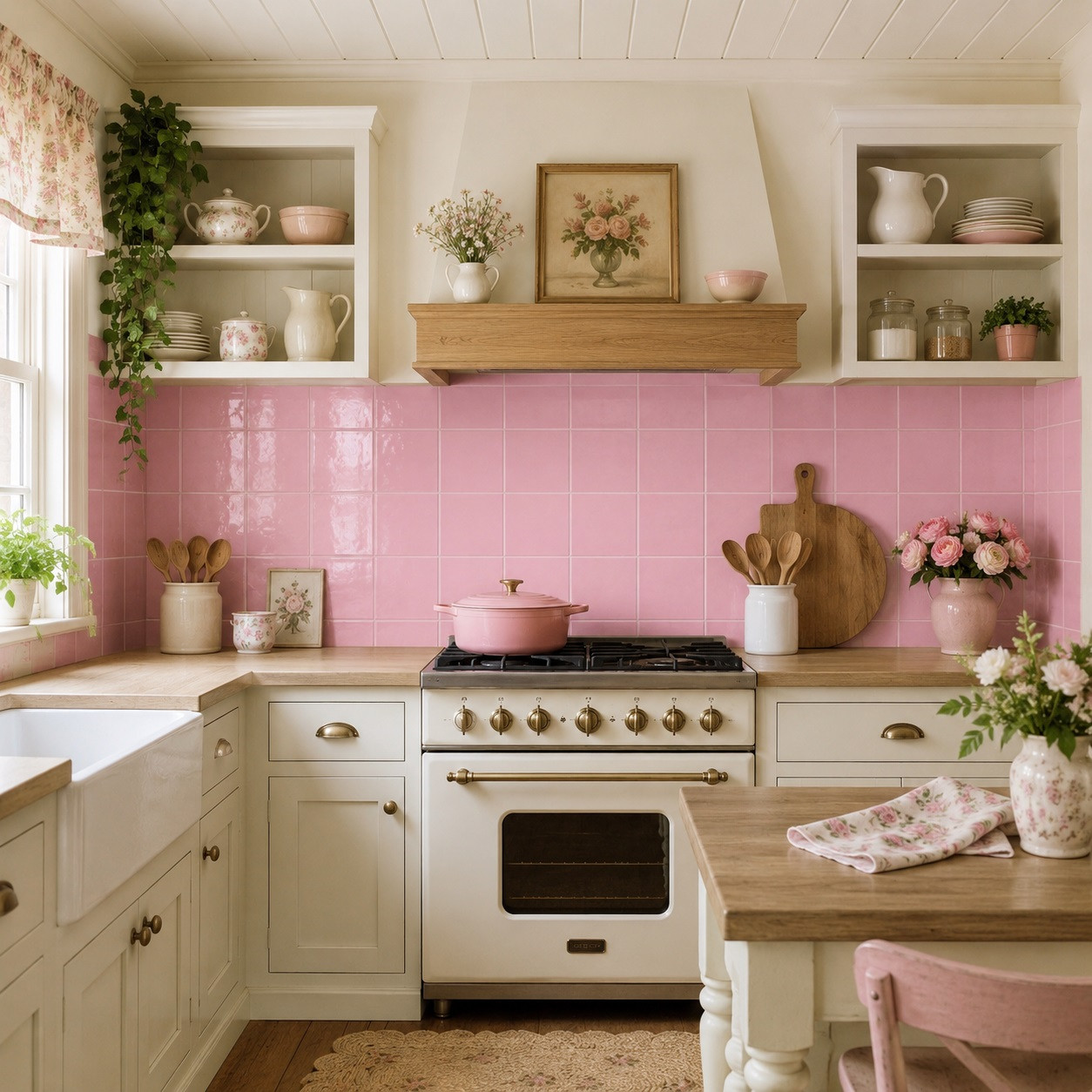 Mexican talavera tiles in light pink for elegant interior spaces featured as a cottage kitchen backsplash with wood cabinetry