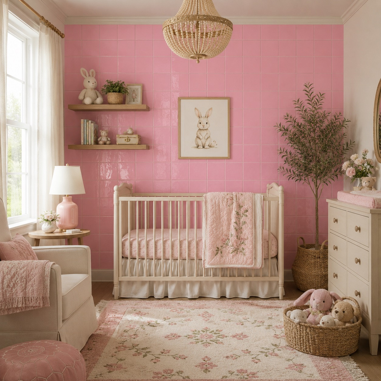 Mexican talavera tiles in light pink for elegant interior spaces creating a charming nursery accent wall with delicate décor