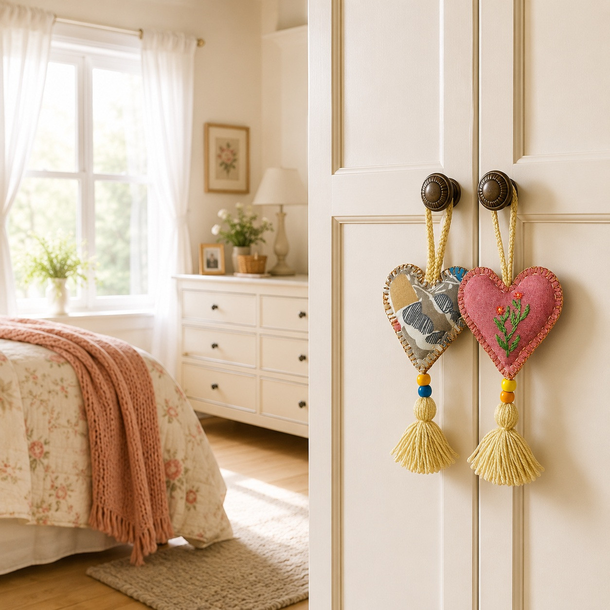 Embroidered floral and patchwork fabric heart ornament set hanging from wardrobe door handles in a bright farmhouse bedroom