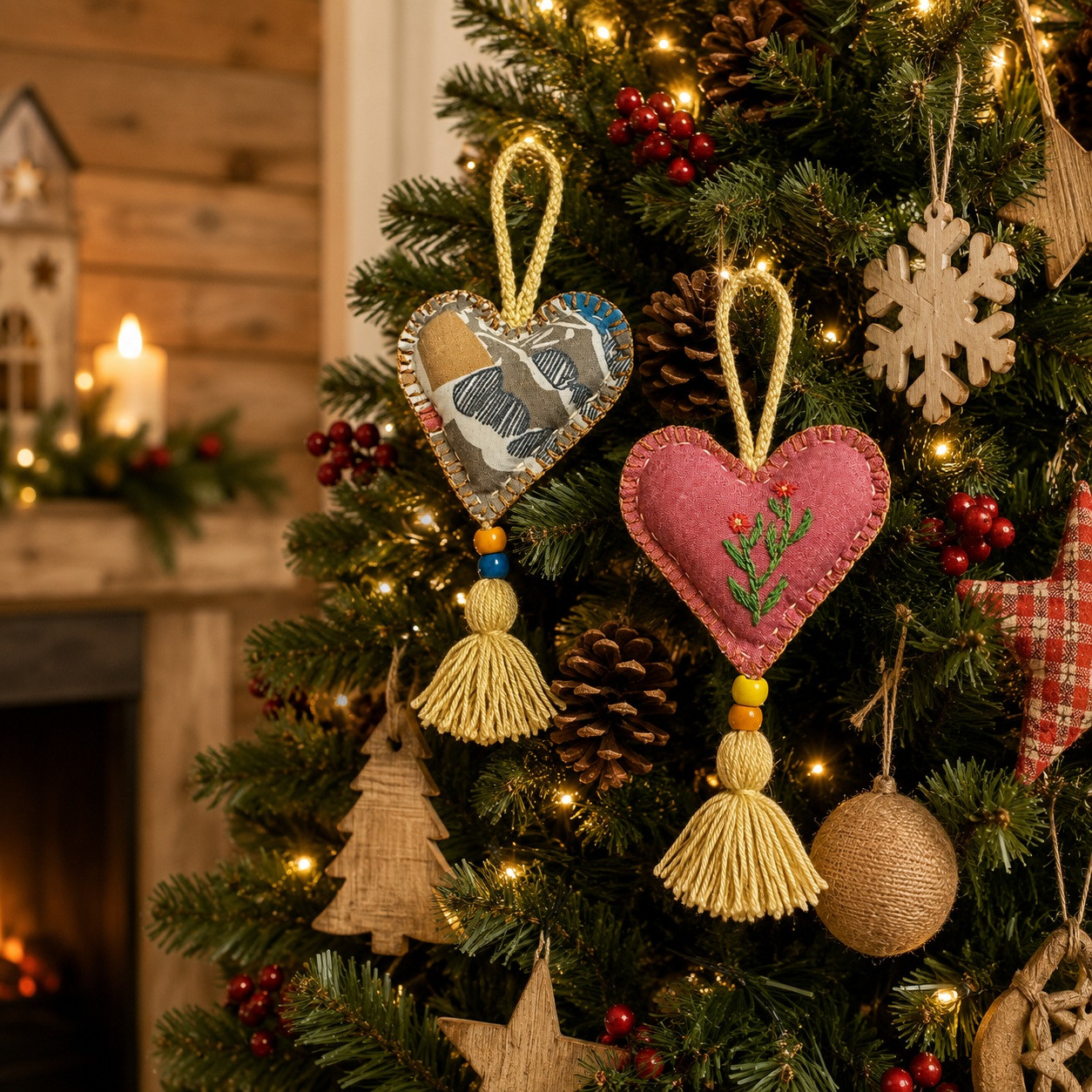 Embroidered floral and patchwork fabric heart ornament set displayed on a rustic Christmas tree with handmade holiday decorations