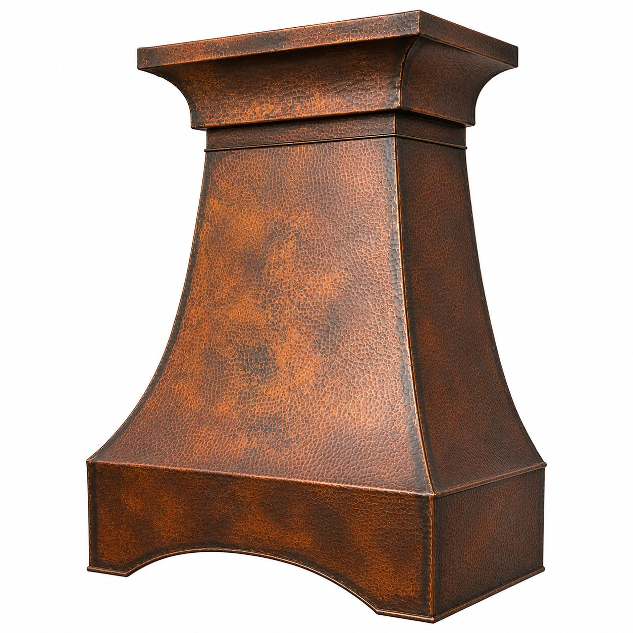 Hammered copper range hood with flared crown and curved apron, angled view