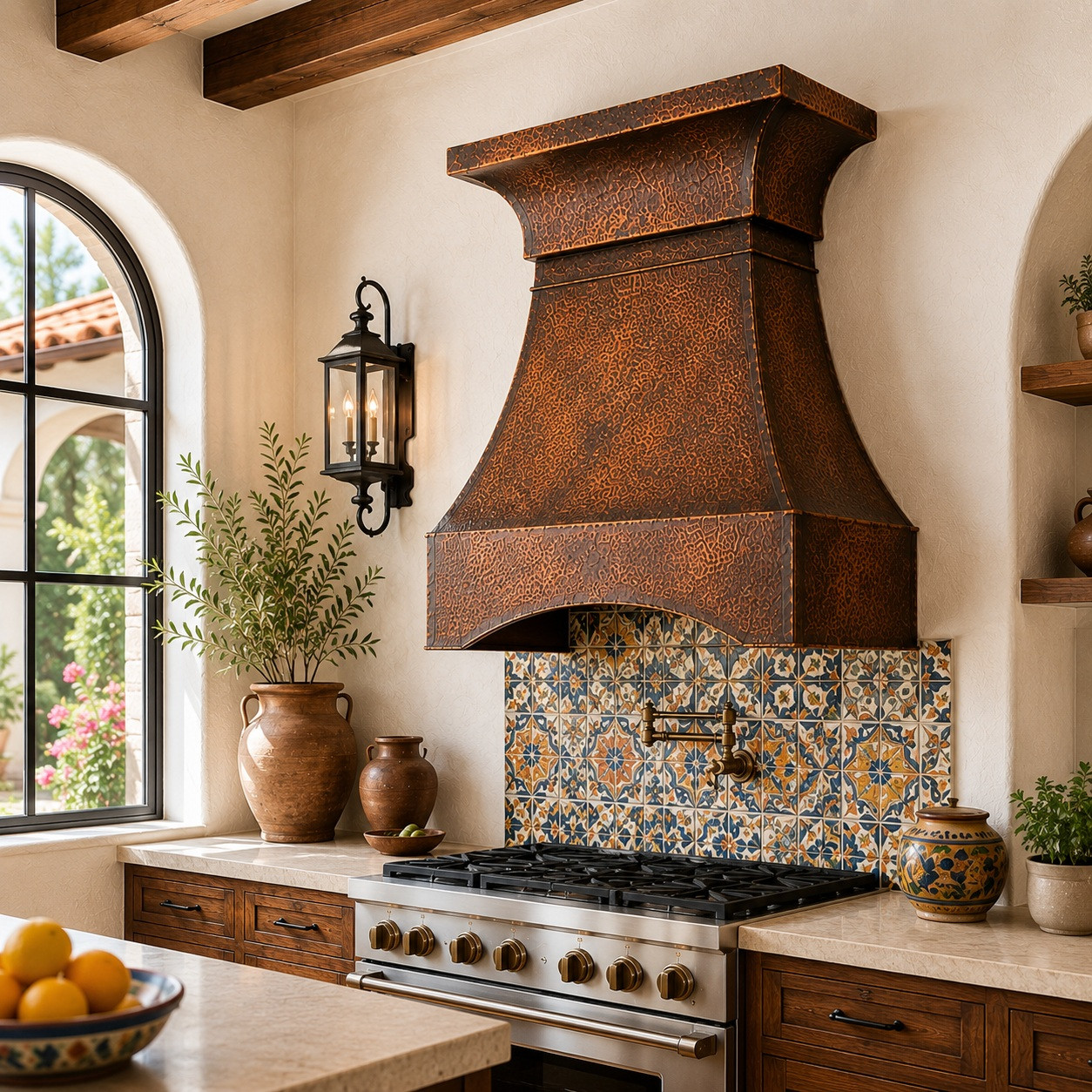 Hammered copper range hood with flared crown and curved apron in a Spanish Colonial kitchen with Talavera backsplash