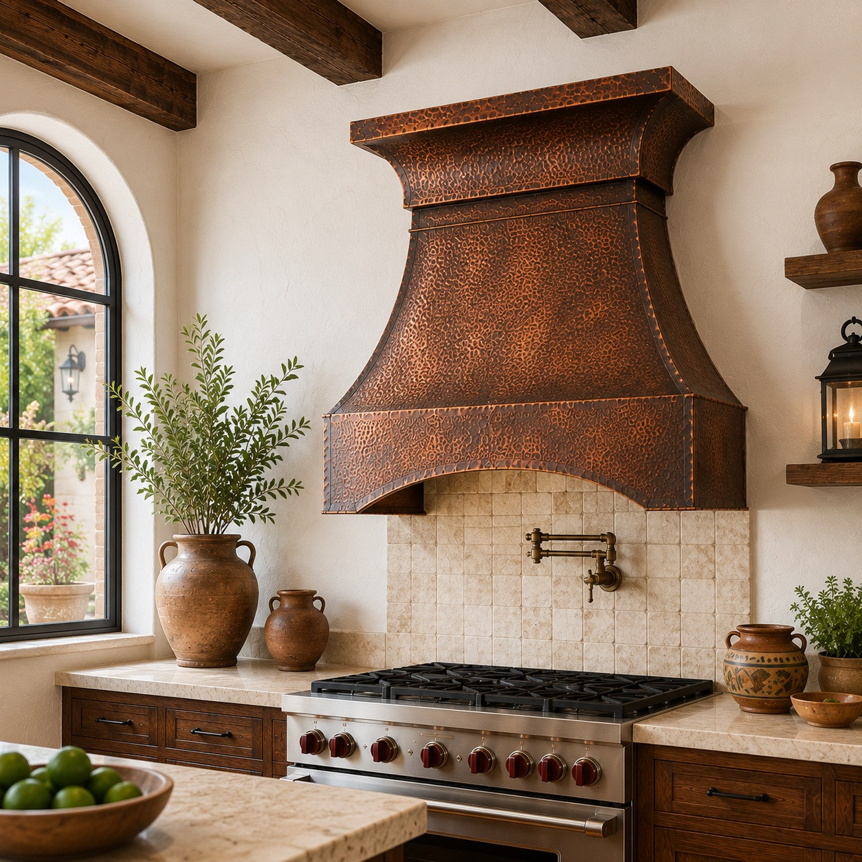 Hammered copper range hood with flared crown in a bright hacienda kitchen