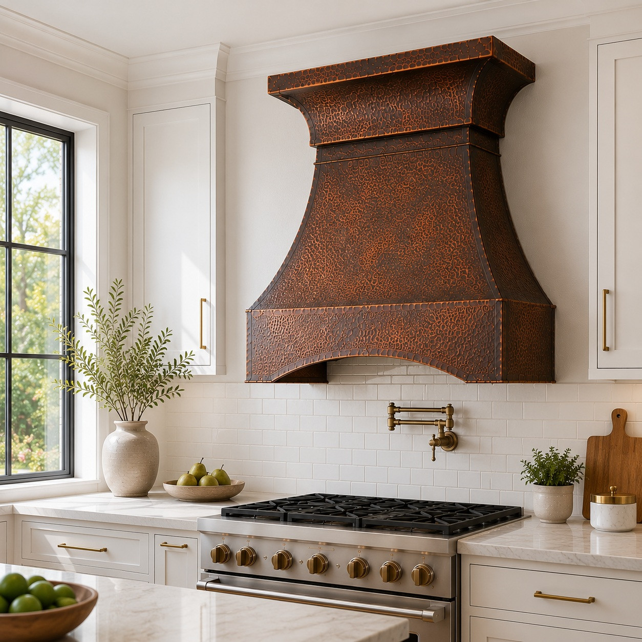 Hammered copper range hood with flared crown in a bright transitional kitchen