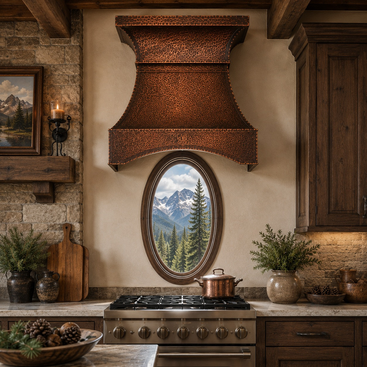 Hammered copper range hood with flared crown in a rustic mountain lodge kitchen