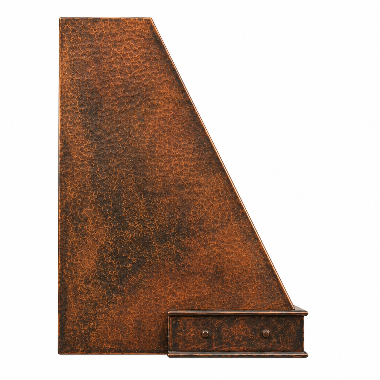 Sloped under-cabinet copper range hood with riveted band with rustic fired patina side view on white background