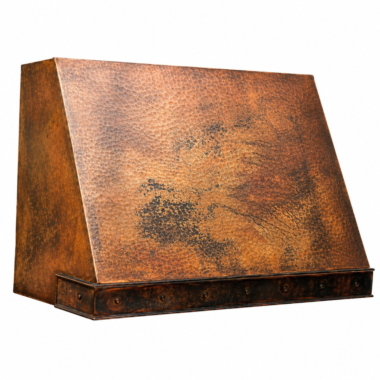 Sloped under-cabinet copper range hood with riveted band with rustic fired patina front angled view on white background