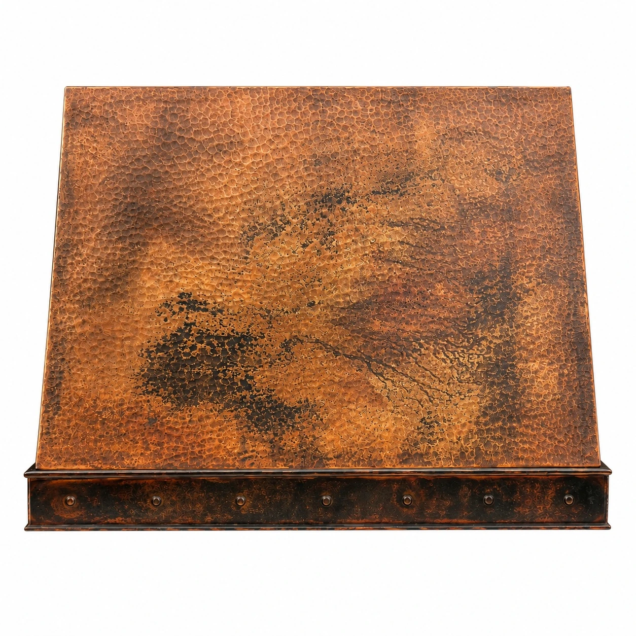 Sloped under-cabinet hammered copper range hood with riveted front band