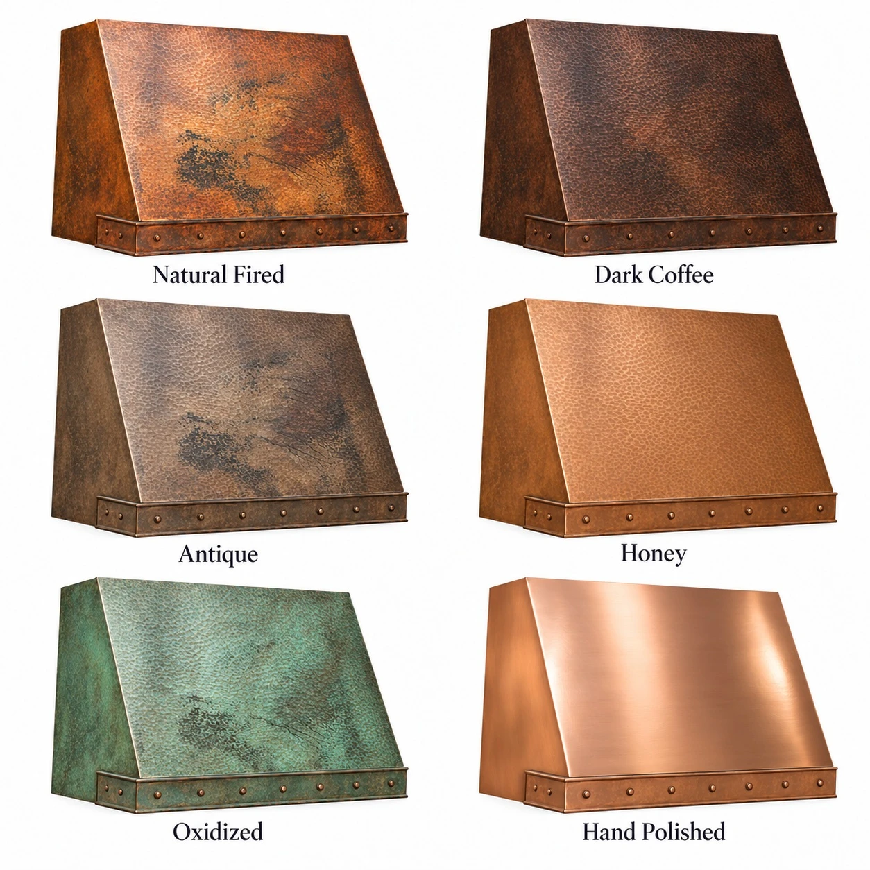 Sloped under-cabinet hammered copper range hood shown in six copper finish options