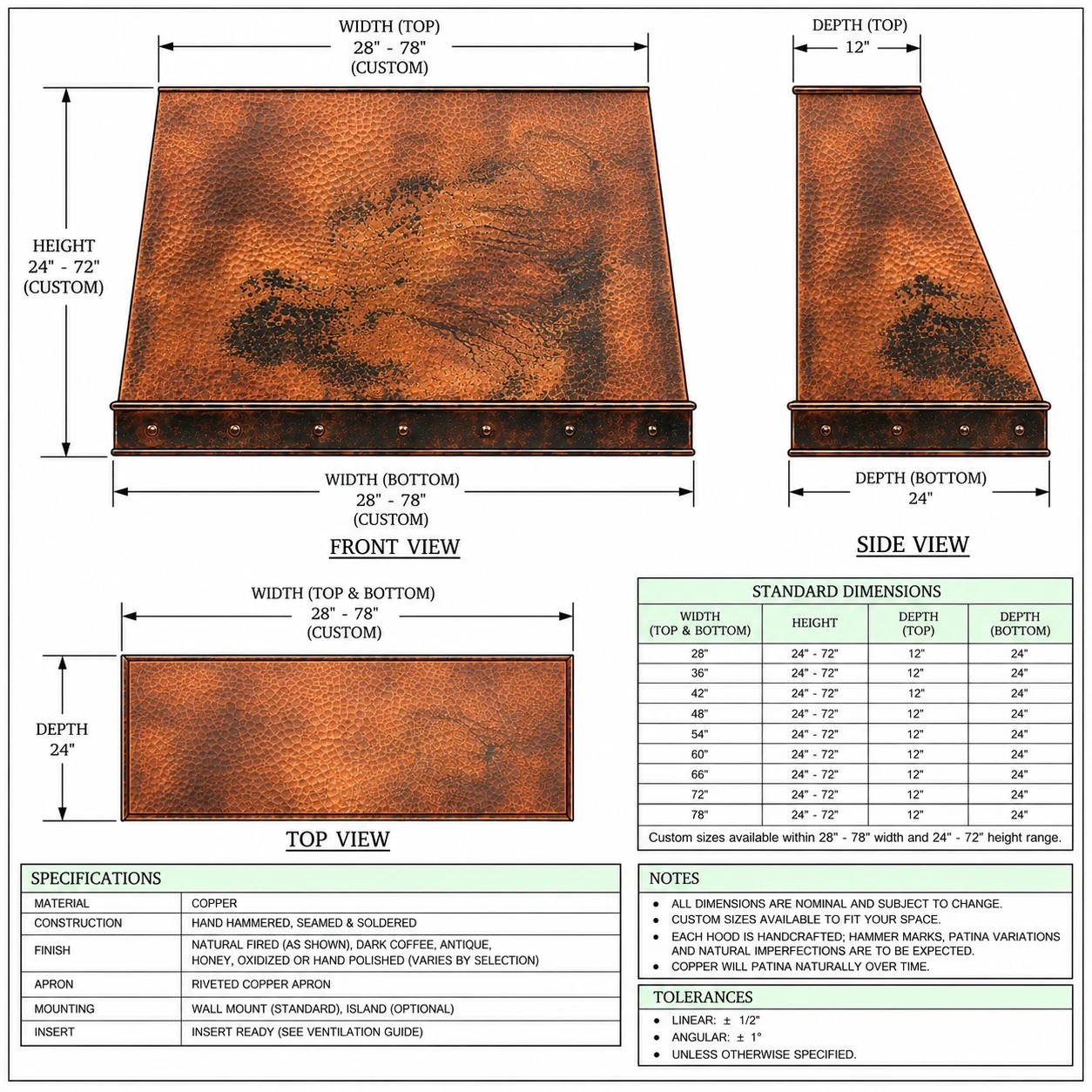 Technical drawing of sloped under-cabinet hammered copper range hood with proportions