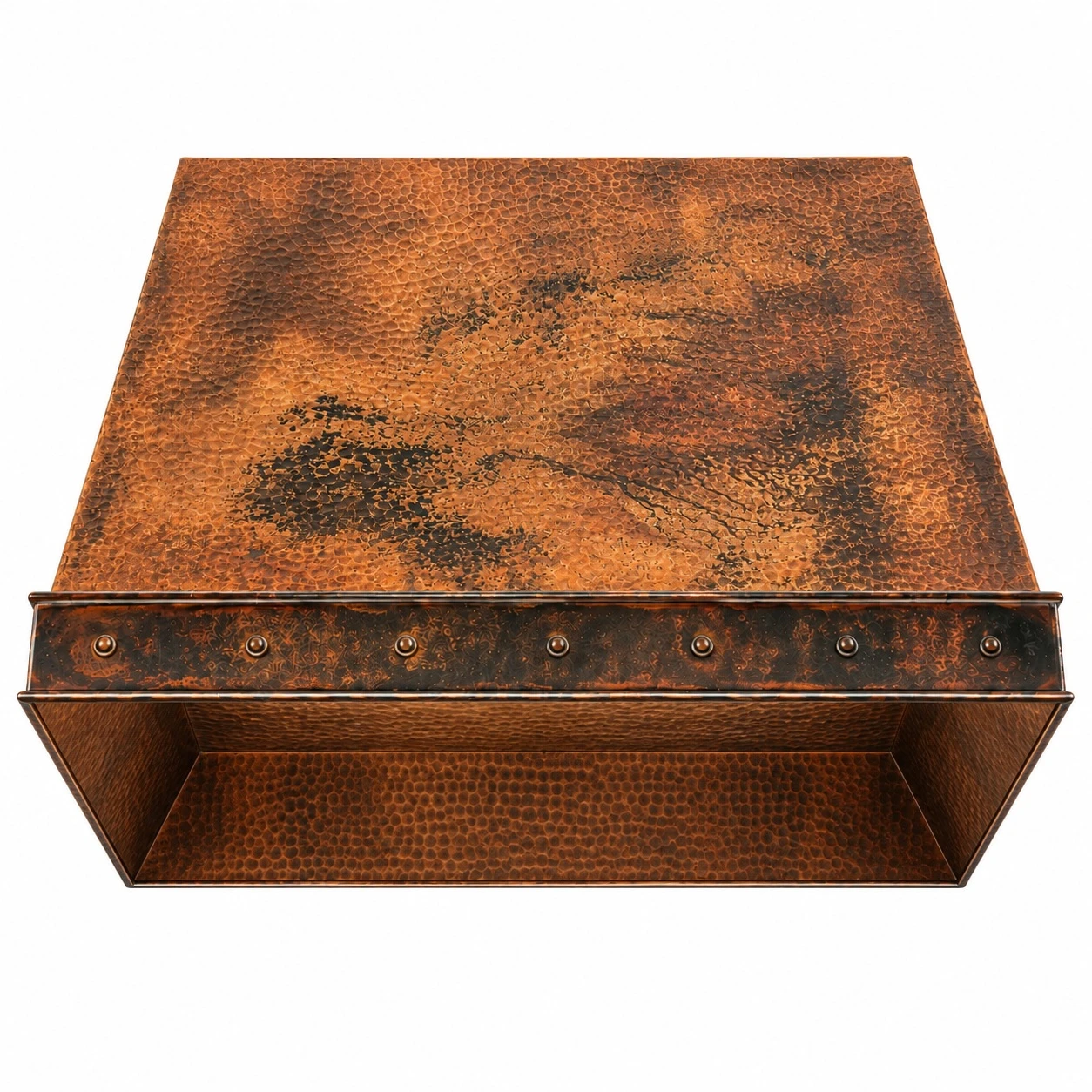 Underside view of sloped under-cabinet hammered copper range hood with insert opening