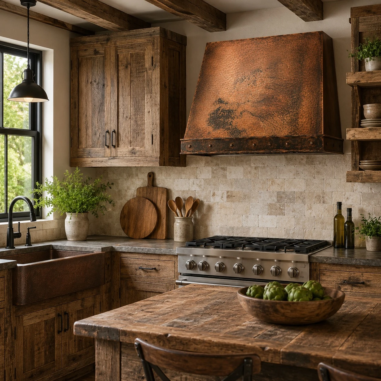 Kitchen with sloped under-cabinet hammered copper range hood, rivets, and reclaimed wood cabinetry