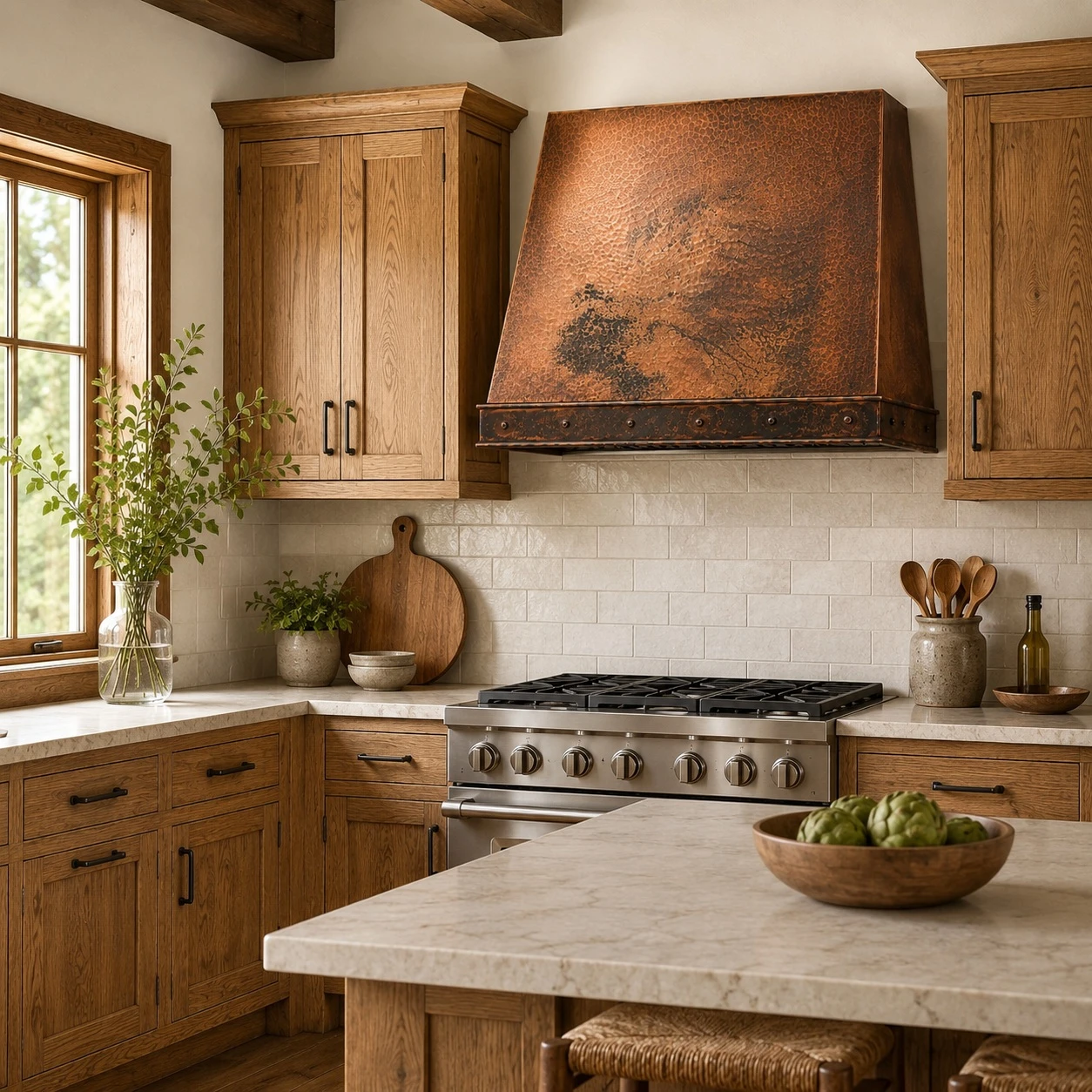 Kitchen with sloped under-cabinet hammered copper range hood, rivets, oak cabinetry, and stone