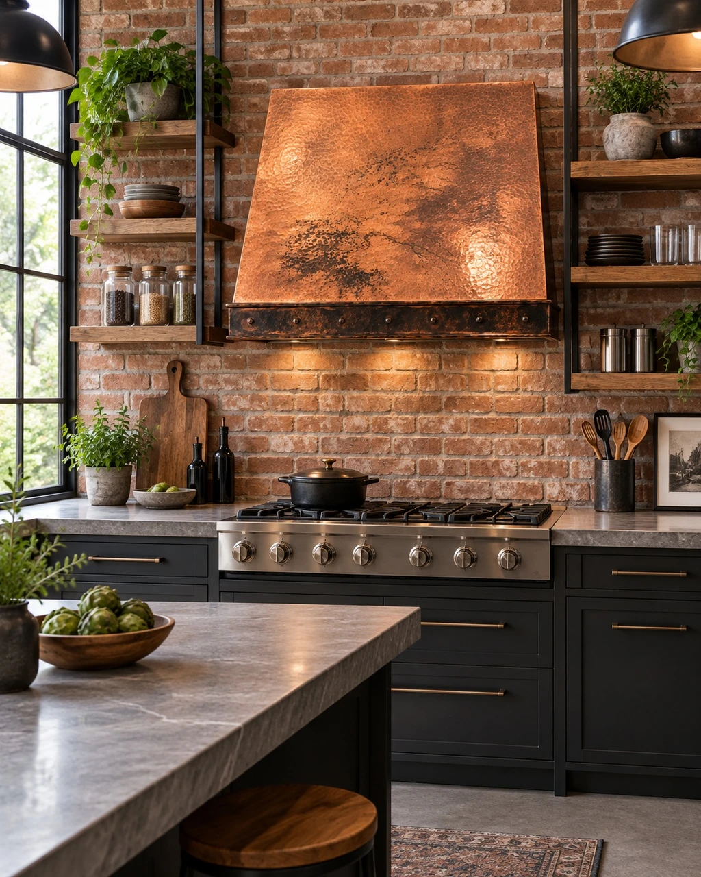 Industrial kitchen with sloped under-cabinet hammered copper range hood, rivets, brick, and metal
