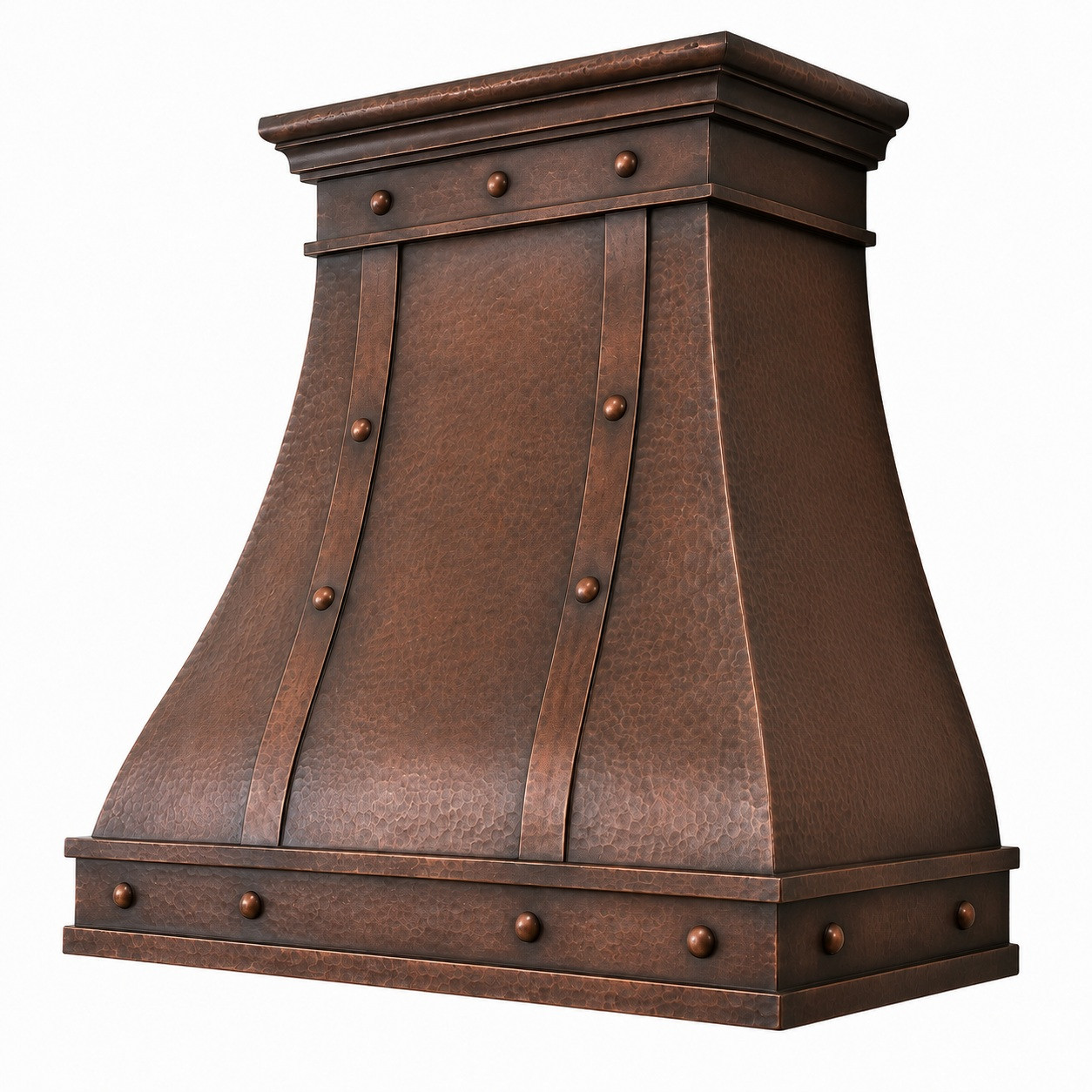 Coffee finish copper range hood with decorative straps, hammered bell profile, dome rivets, and wall mount design