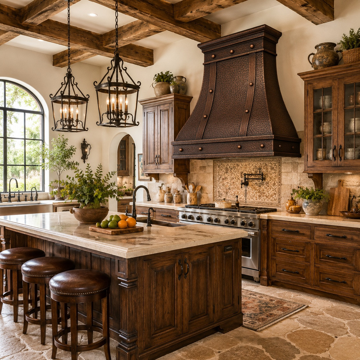 Traditional rustic kitchen with coffee finish copper range hood and decorative straps