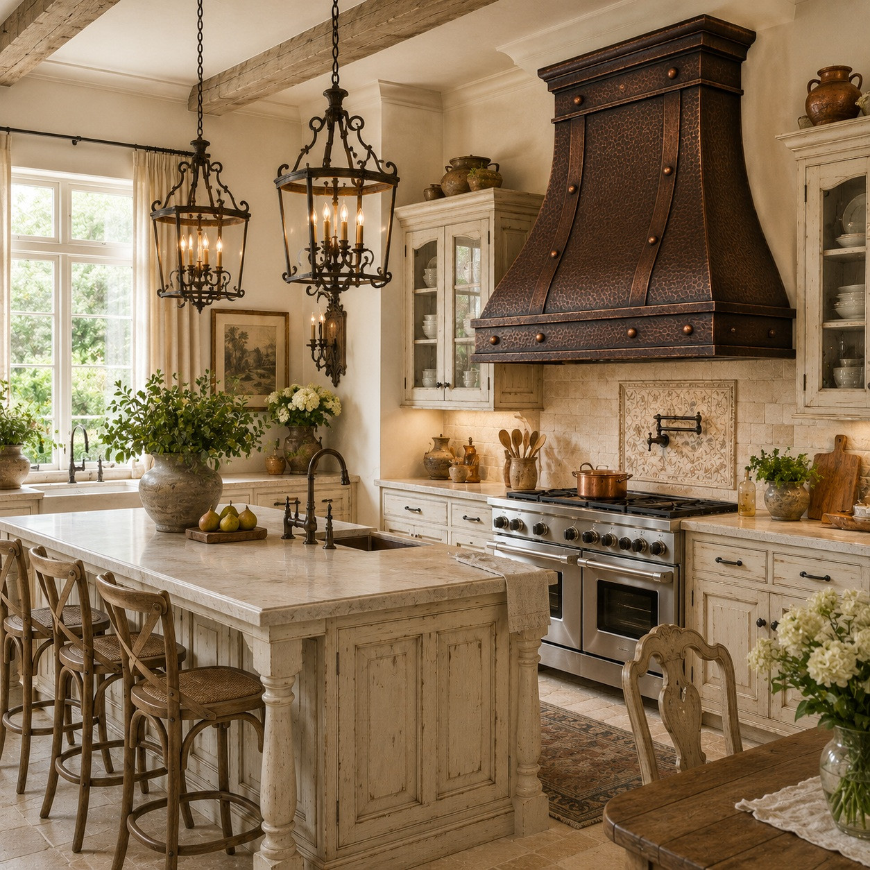 French country kitchen with coffee finish copper range hood and decorative strap accents