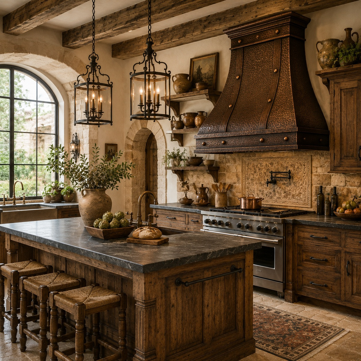 Rustic European kitchen with coffee finish copper hood and decorative vertical straps