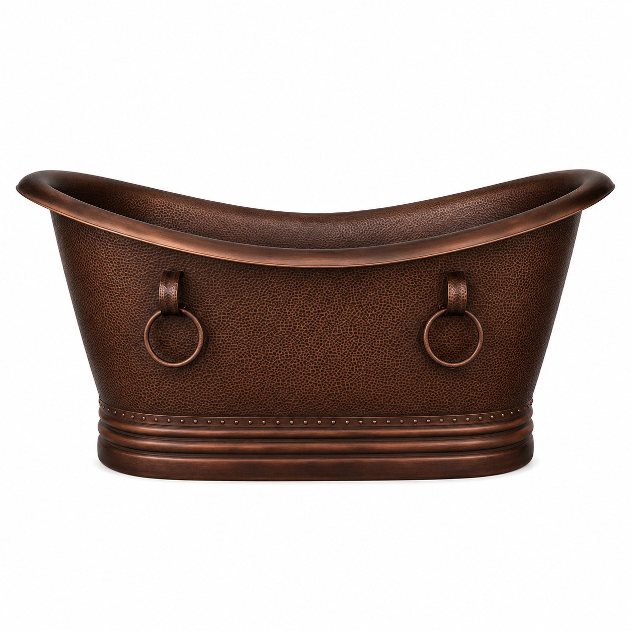 72 inch hand hammered copper bathtub with coffee patina, rolled rim, and double slipper shape
