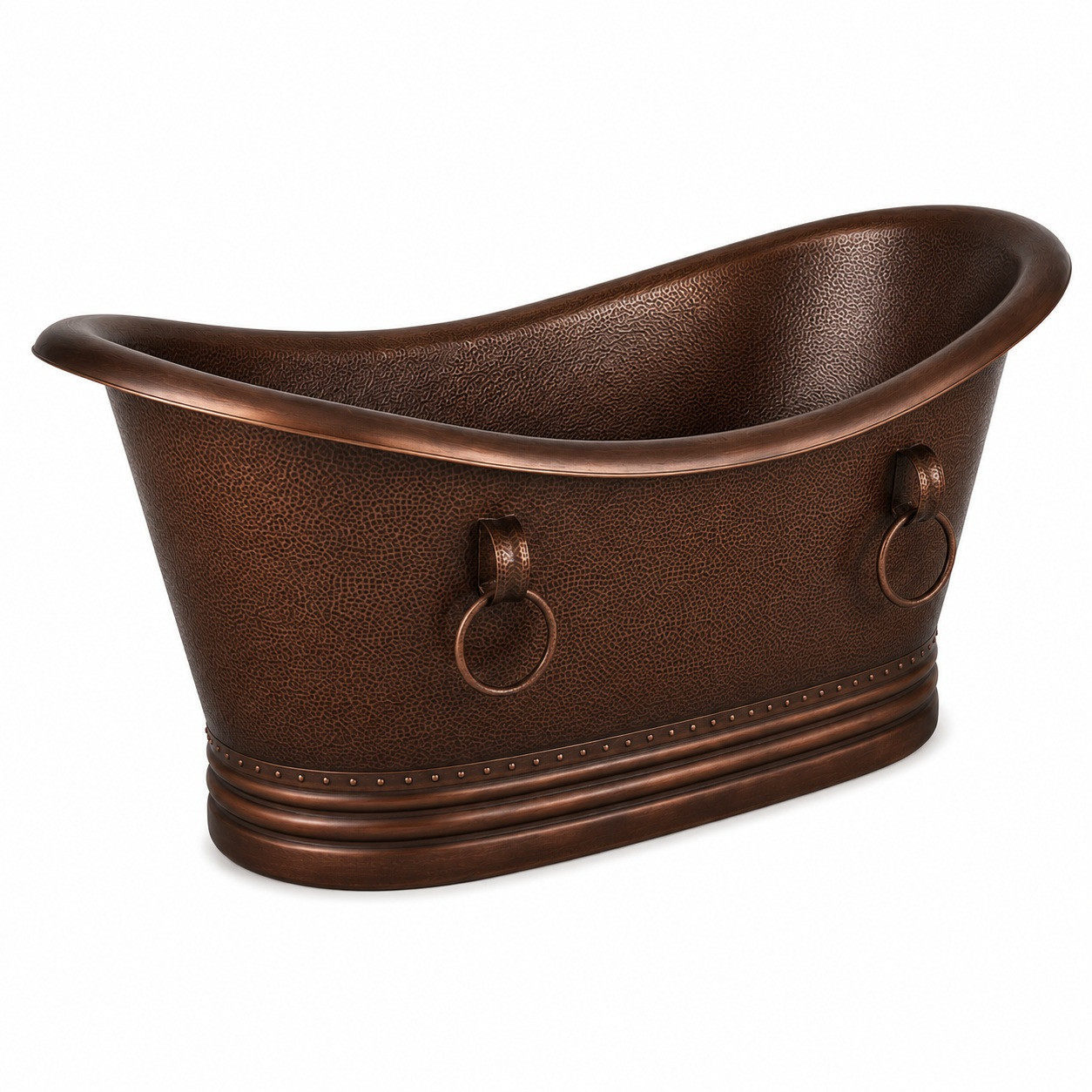 Angled view of 72 inch double slipper copper bathtub with coffee patina, rolled rim, and ring handles