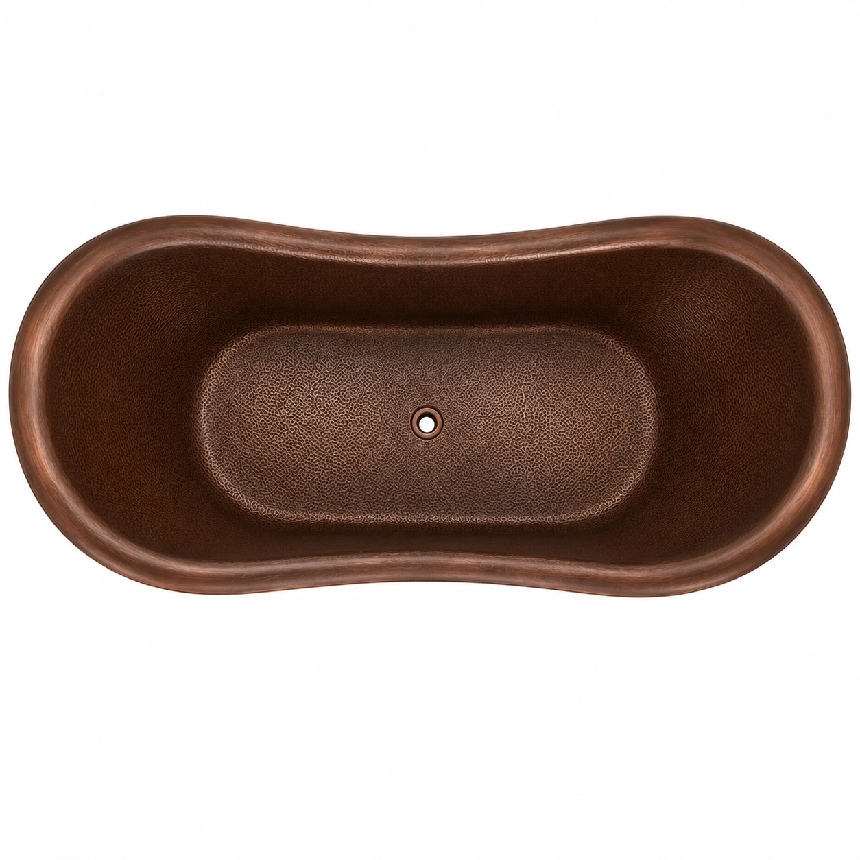 Top view of 72 inch copper bathtub with coffee patina, hammered interior and center drain