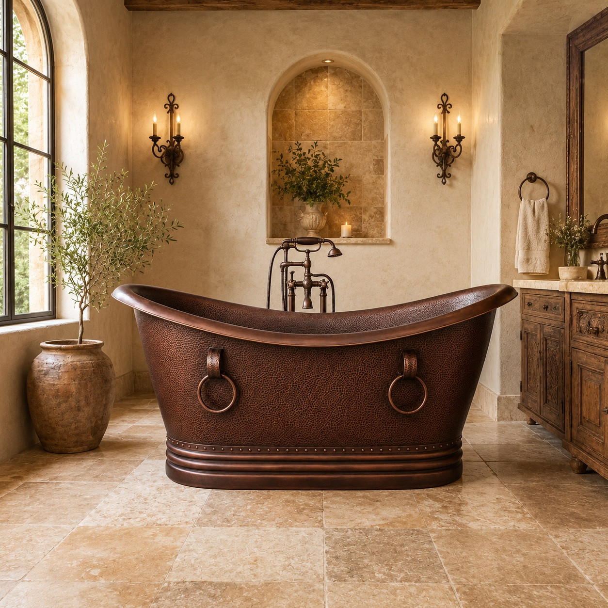 Tuscan bathroom with 72-inch hand-hammered copper bathtub in coffee patina