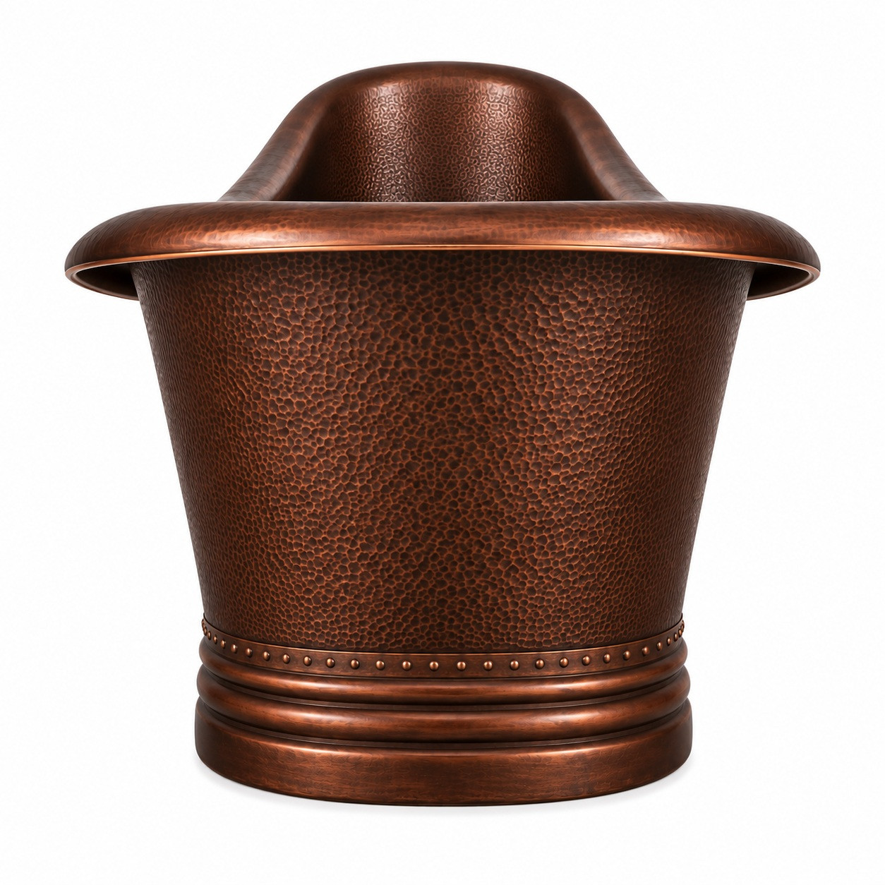 End view of 72 inch hand-hammered copper bathtub with raised slipper end and Coffee patina