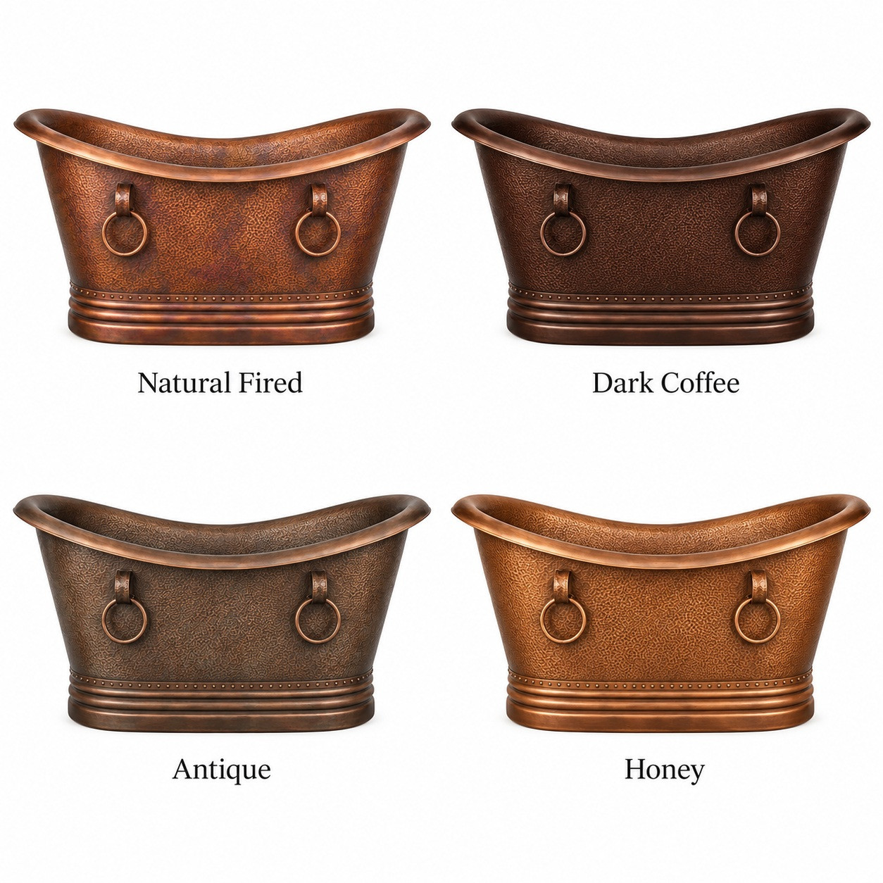 72 inch hand-hammered copper bathtub shown in multiple copper finish options