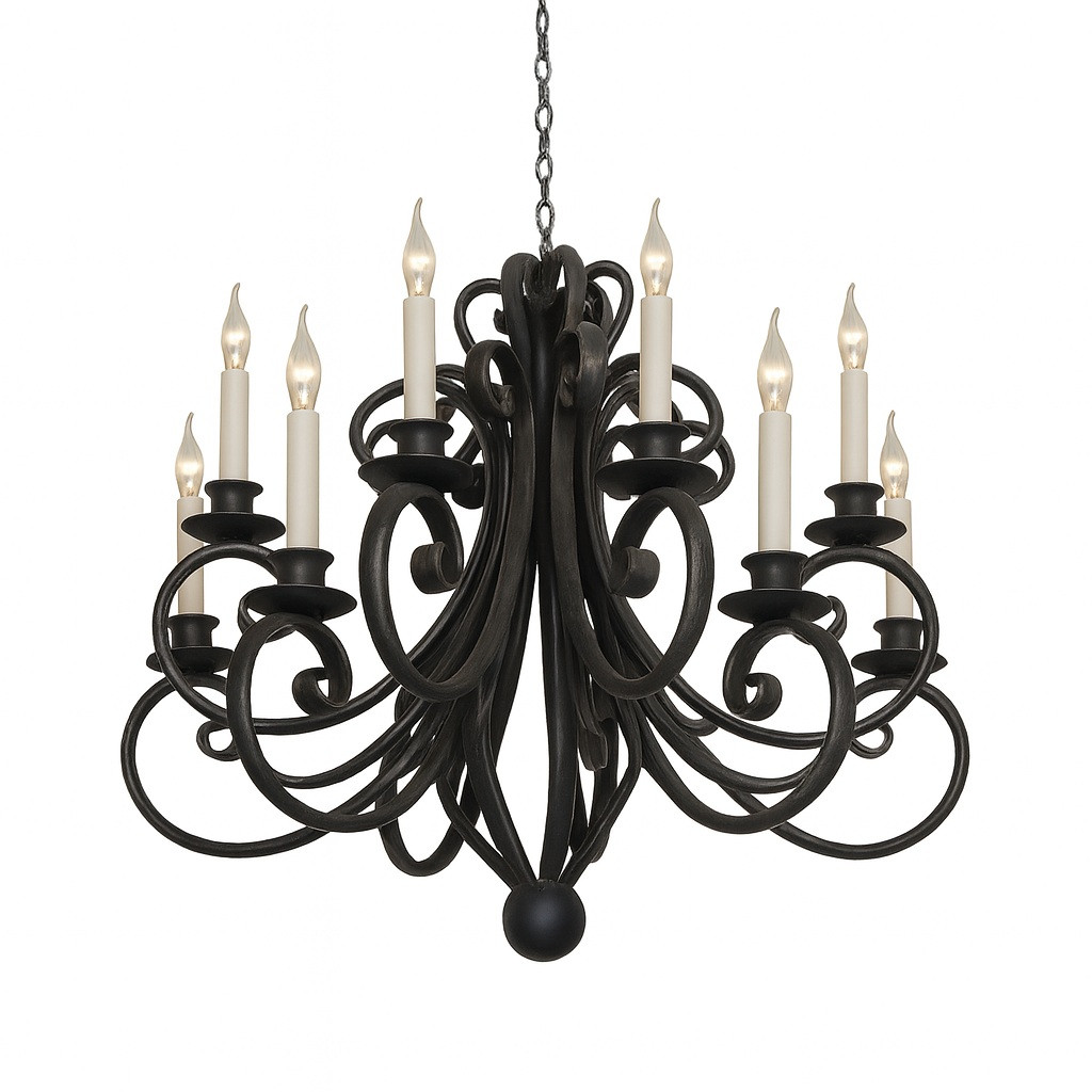 French style forged iron chandelier with lights off