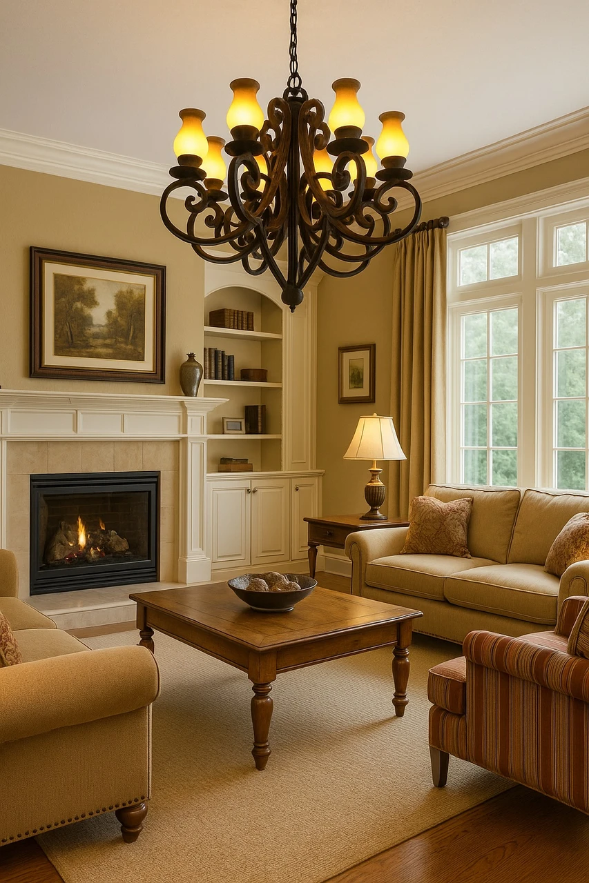 French style forged iron chandelier in a family room