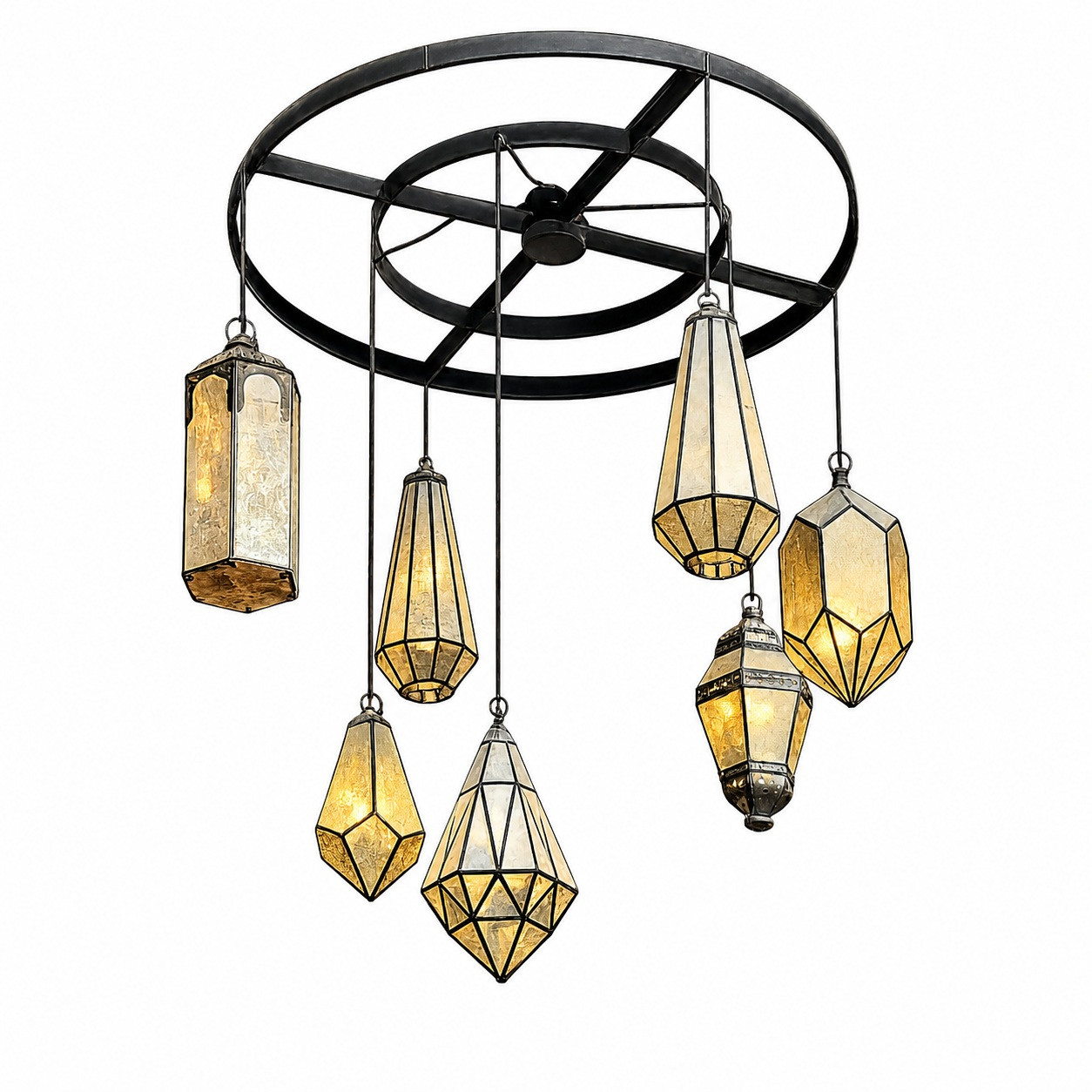 Large Moroccan ring chandelier with seven Espejo Viejo antique mirror lanterns