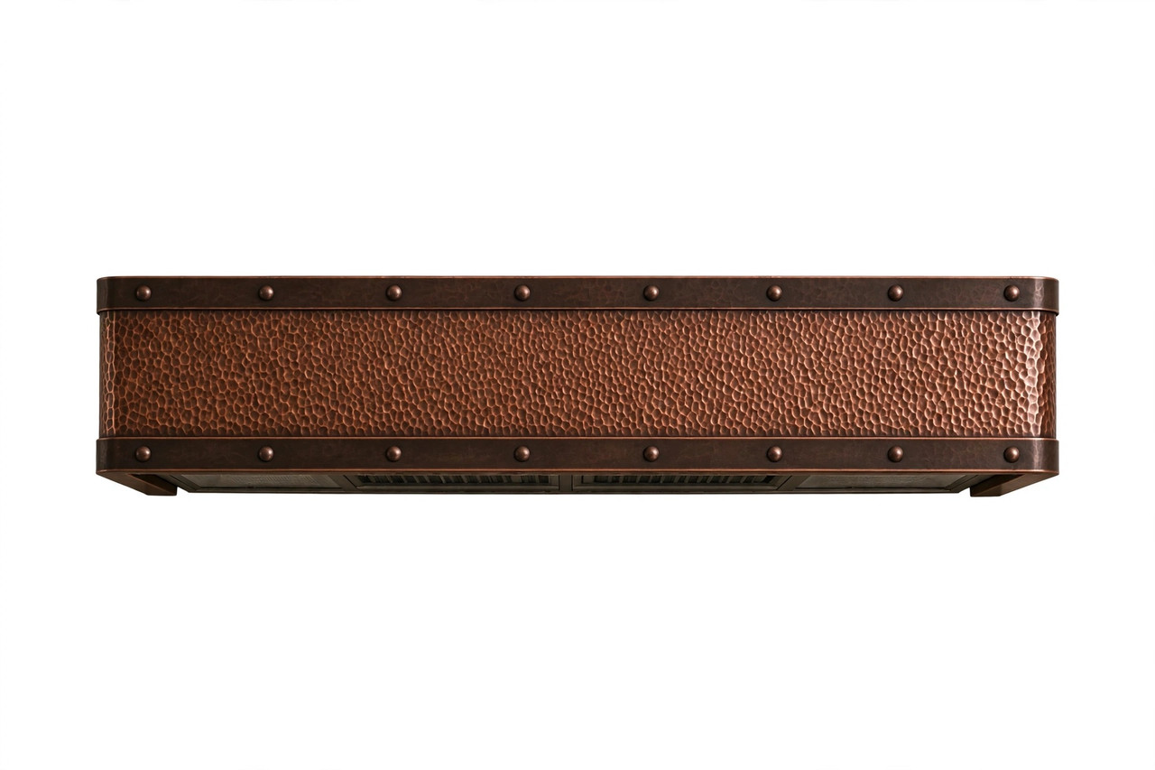 Hammered copper under cabinet range hood with dark bronze straps and rivets isolated on white