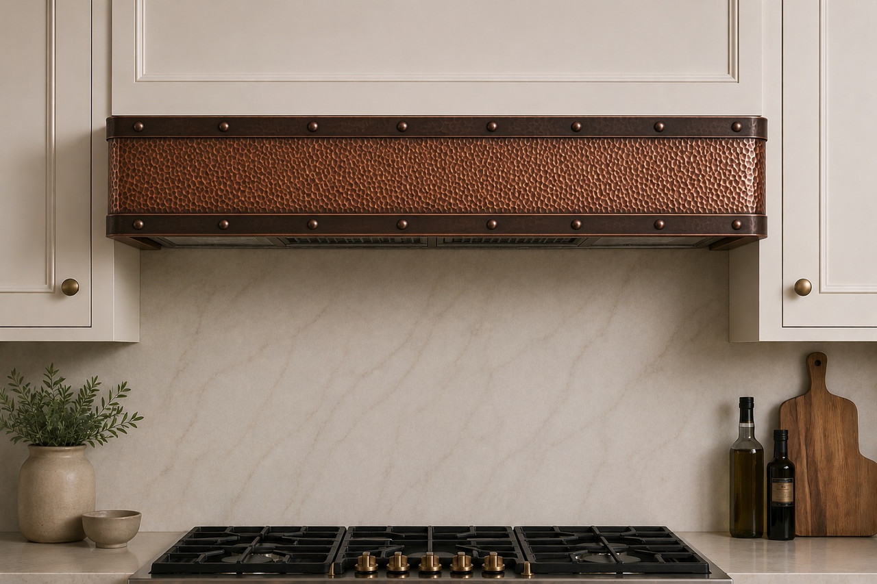 Handcrafted Hammered Copper Under-Cabinet Range Hood with Dark Patina Bands
