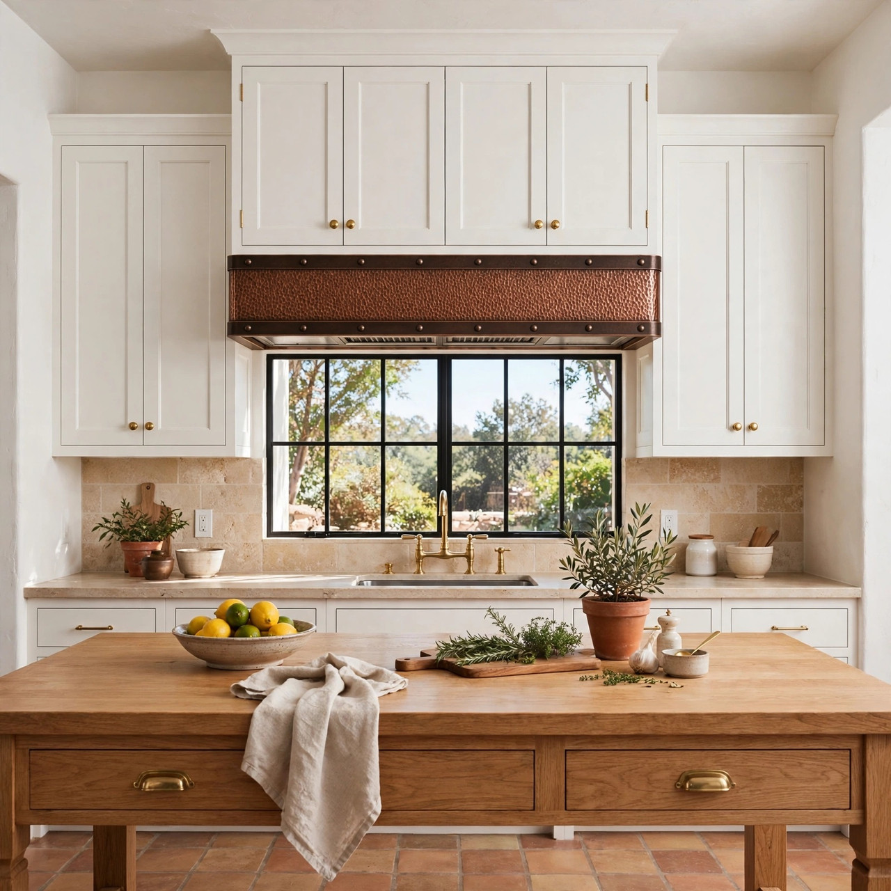 Modern Hacienda kitchen with hammered copper under-cabinet range hood and dark patina bands