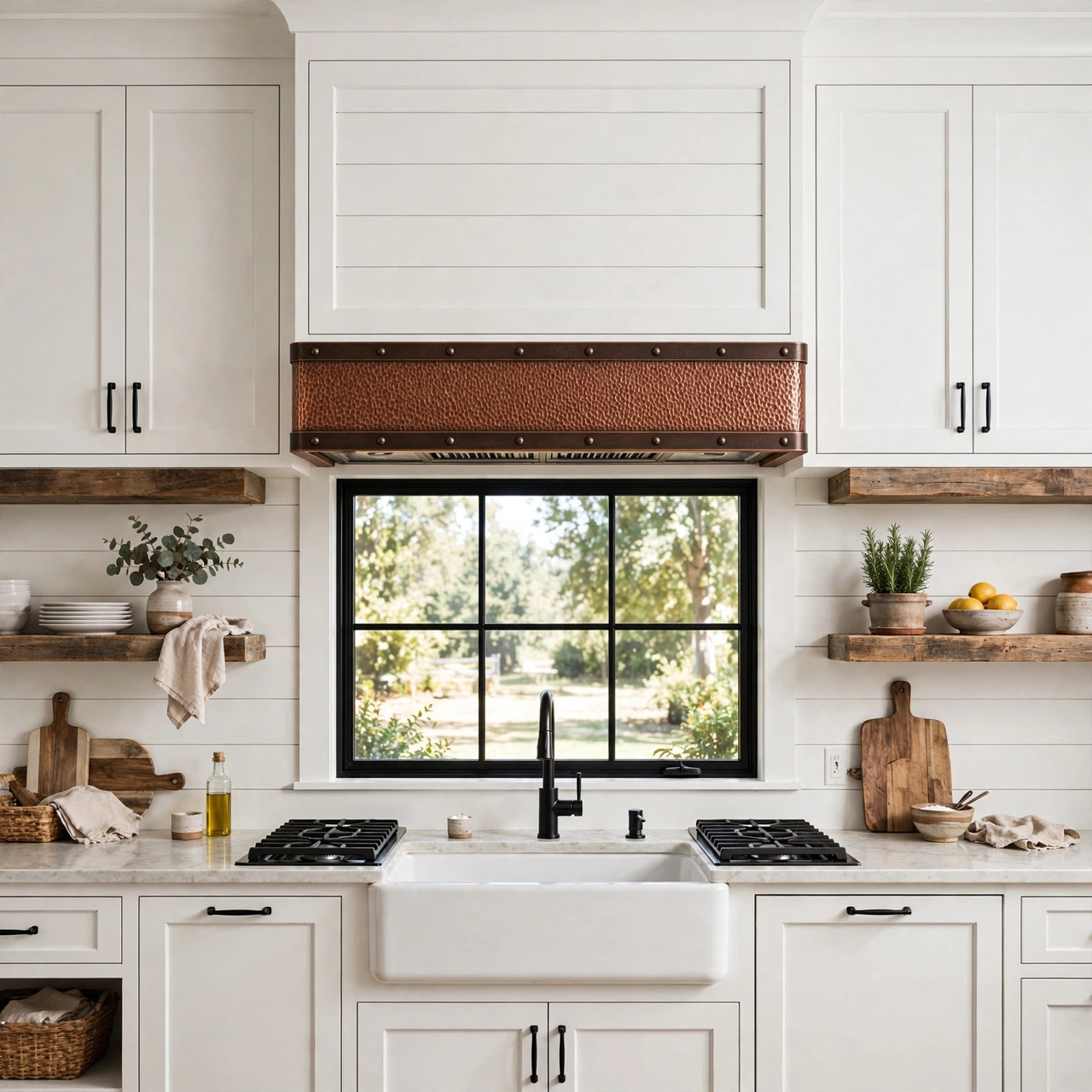 Contemporary farmhouse kitchen with under-cabinet hammered copper hood and dark patina trim bands