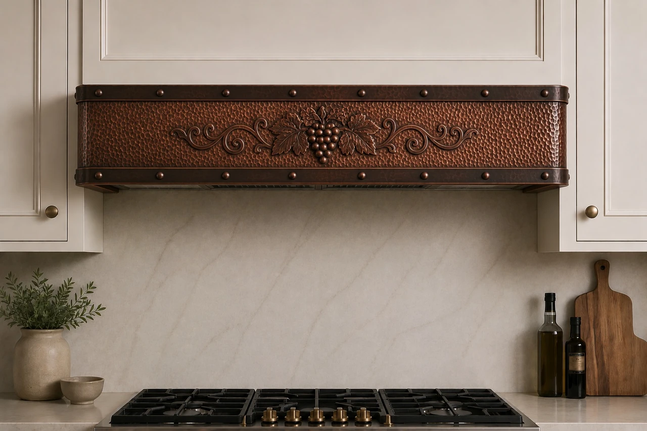 Close up of hammered copper under-cabinet hood with grape cluster relief, dark bands, and dome rivets