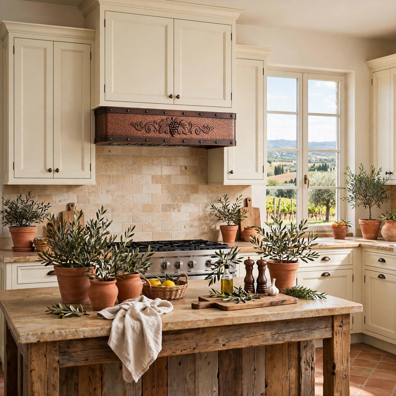 Vineyard estate kitchen with hammered copper under-cabinet hood and grapevine relief apron
