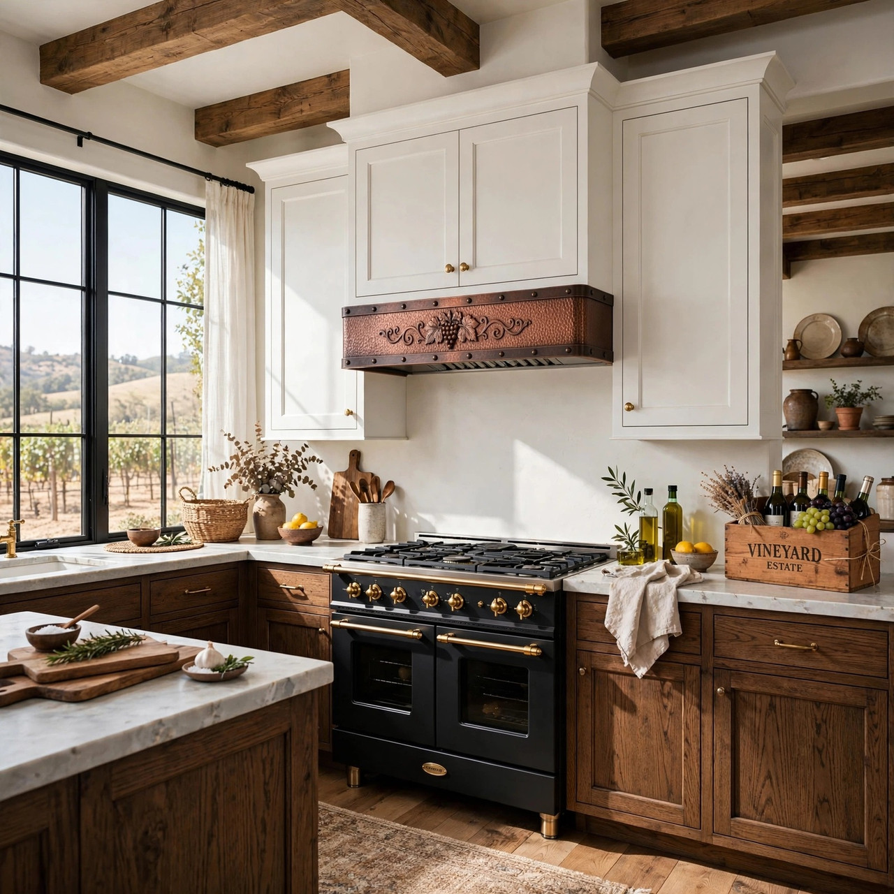 French country kitchen with hammered copper under-cabinet hood, dark bands, and grapevine relief