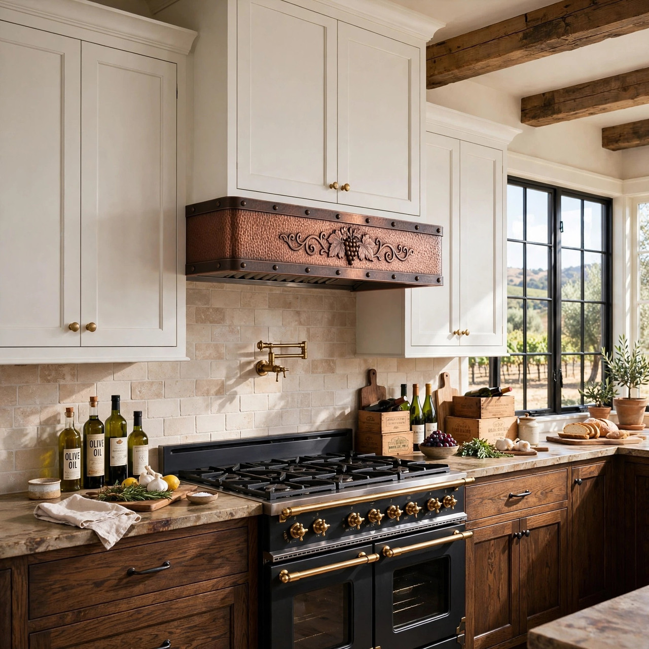 Rustic luxury kitchen with hammered copper under-cabinet hood, grapevine relief, and dark patina bands